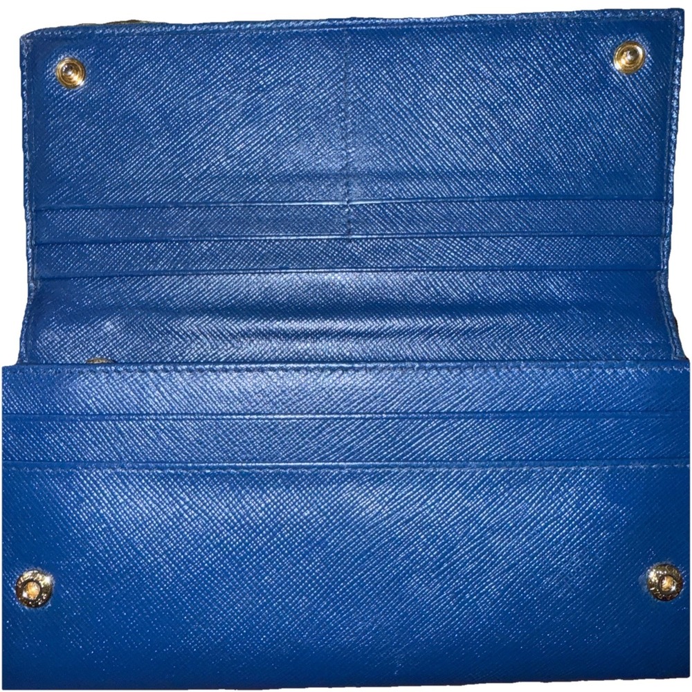 PRADA Saffiano Long Wallet Bifold Blue Gold Hardware Leather Womens Authentic - Picture 5 of 8